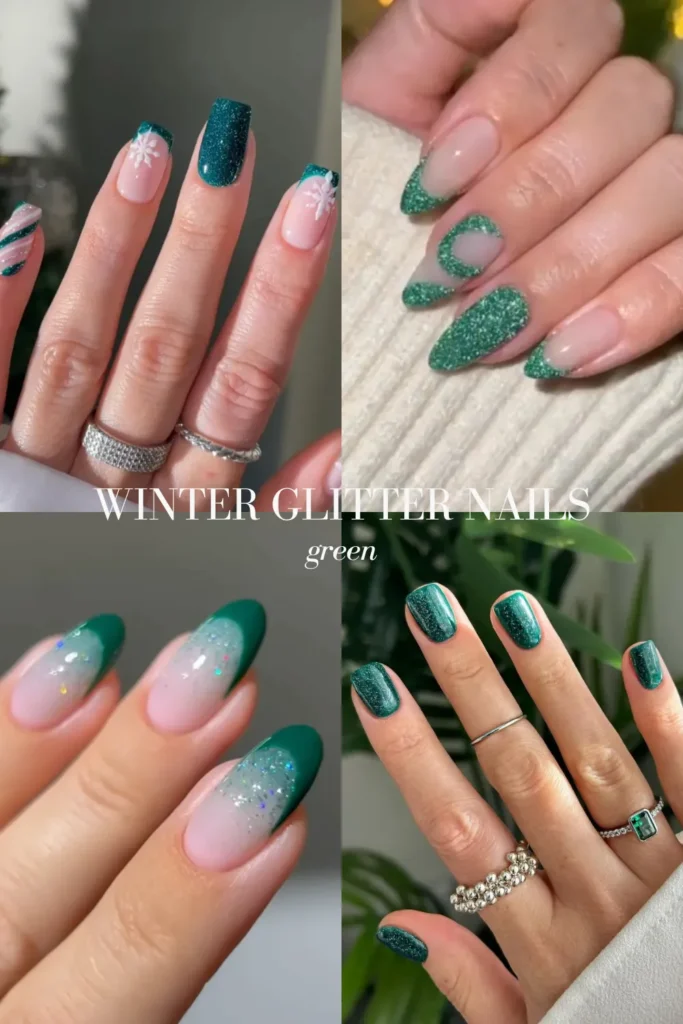 winter glitter nails - green