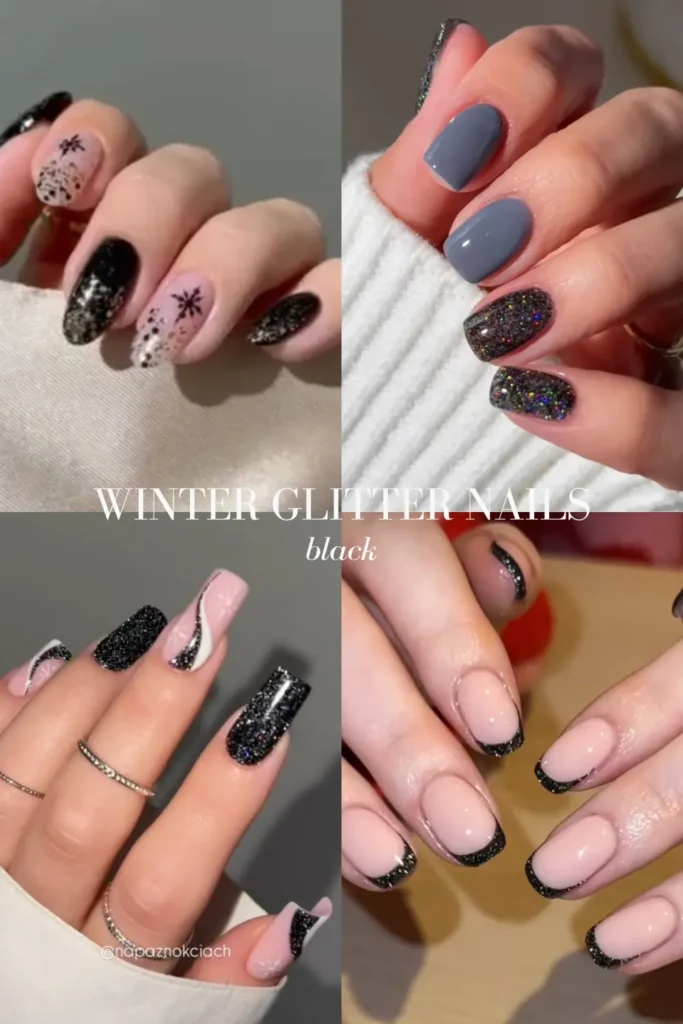 winter glitter nails - black