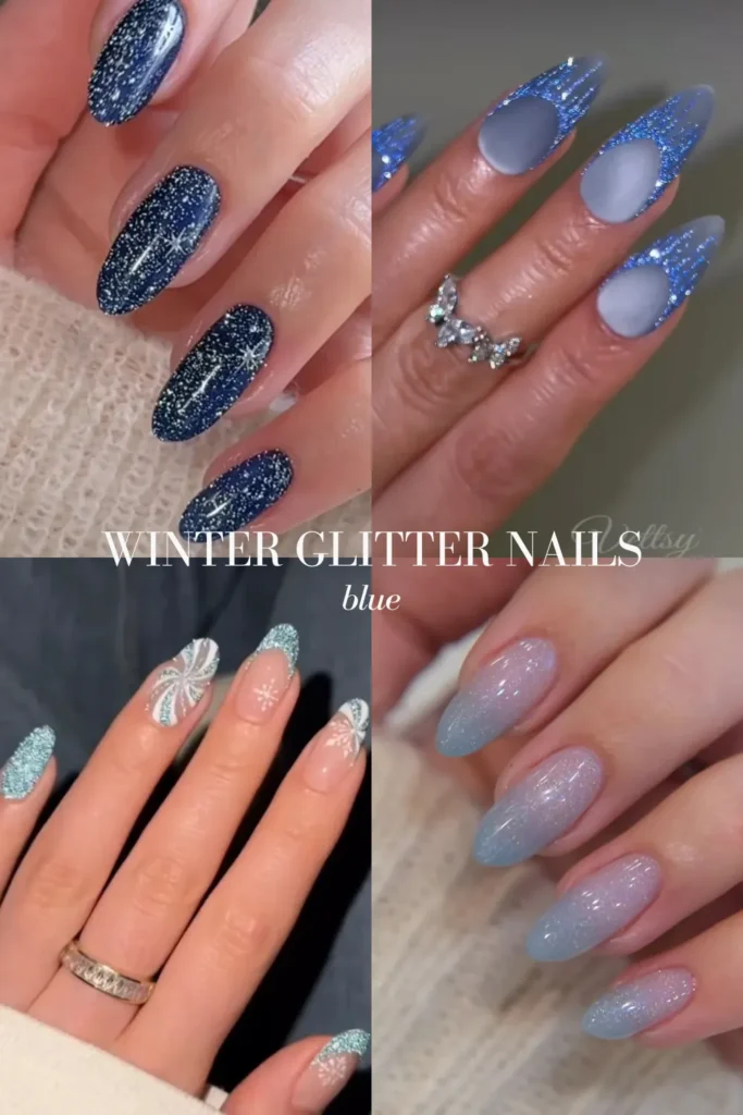winter glitter nails - blue