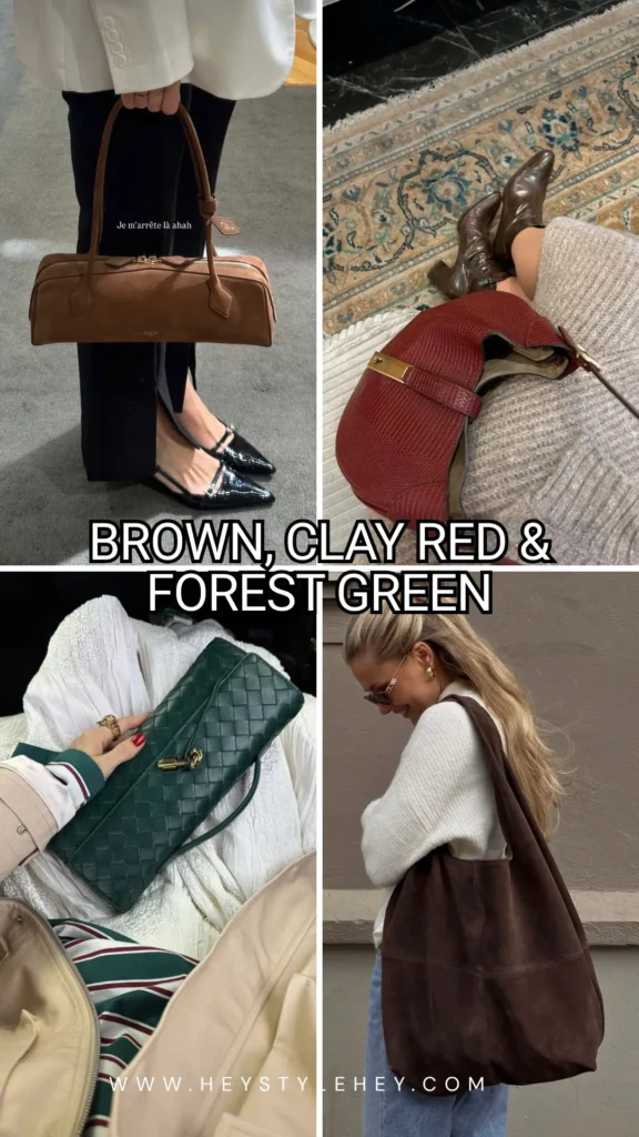 fall 2026 bag trends - brown, clay red, forest green