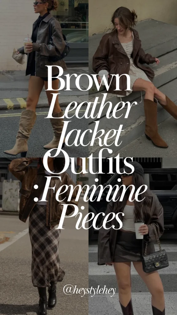 brown leather jacket outfits: feminine pieces
