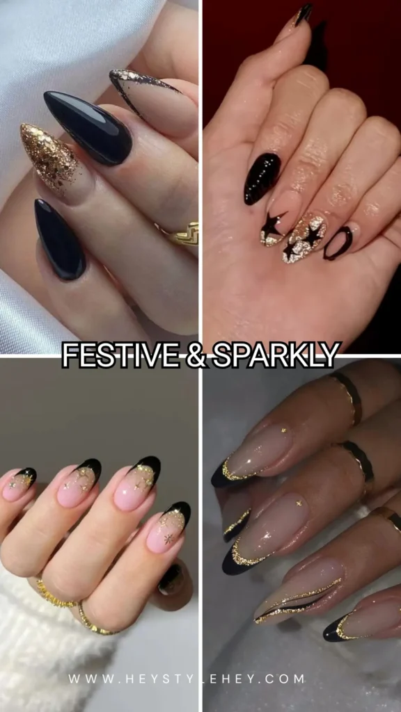 black and gold nails - festive & sparkly