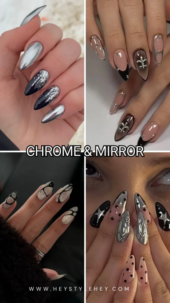black and silver nails - chrome & mirror