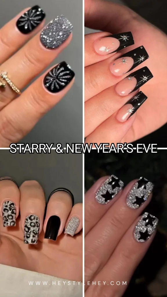 black and silver nails - starry & New Year's Eve