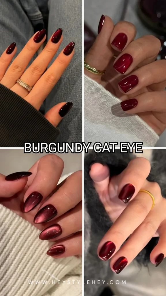 December nails - burgundy cat eye