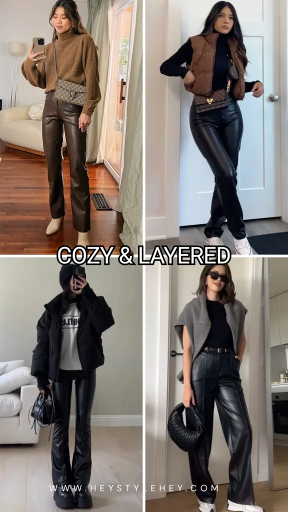 leather pants outfit ideas - cozy & layered