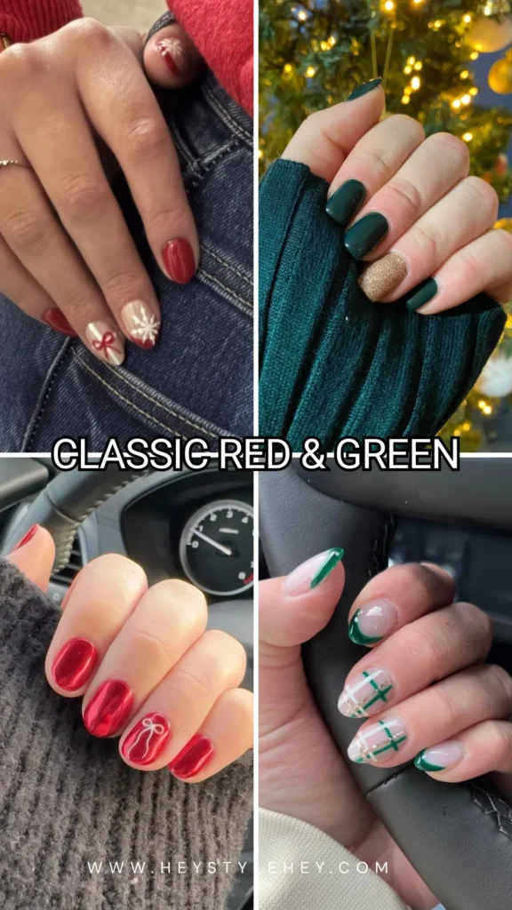 short Christmas nails - classic red & green